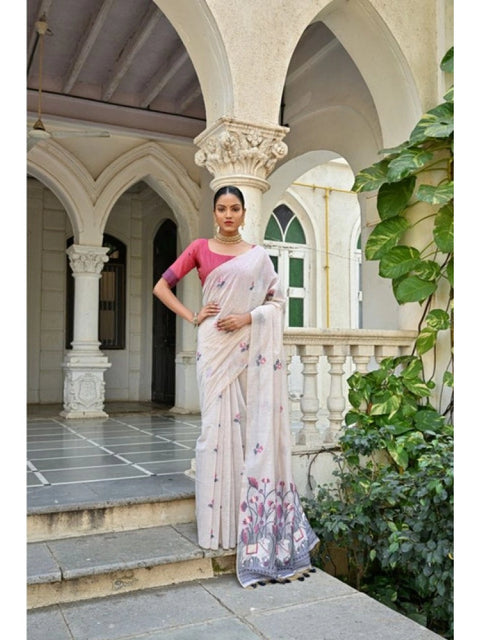 Generic Women's Blended_Cotton Floral Weaving Pattern Saree With Unstitched Blouse 5.5Mtr (Blue)