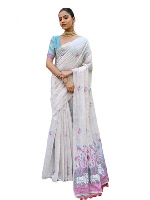 Generic Women's Blended_Cotton Floral Weaving Pattern Saree With Unstitched Blouse 5.5Mtr (Pink)