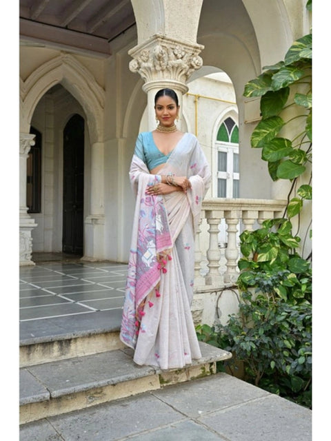 Generic Women's Blended_Cotton Floral Weaving Pattern Saree With Unstitched Blouse 5.5Mtr (Pink)