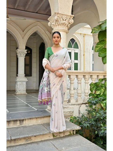 Generic Women's Blended_Cotton Floral Weaving Pattern Saree With Unstitched Blouse 5.5Mtr (Purple)