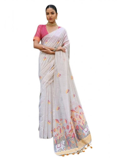 Generic Women's Blended_Cotton Floral Weaving Pattern Saree With Unstitched Blouse 5.5Mtr (Yellow)