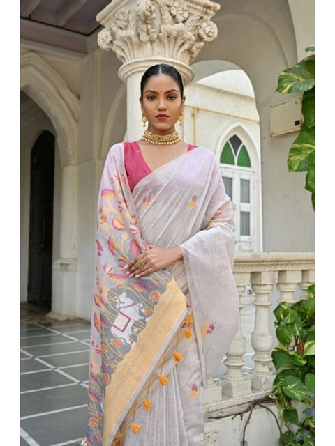 Generic Women's Blended_Cotton Floral Weaving Pattern Saree With Unstitched Blouse 5.5Mtr (Yellow)