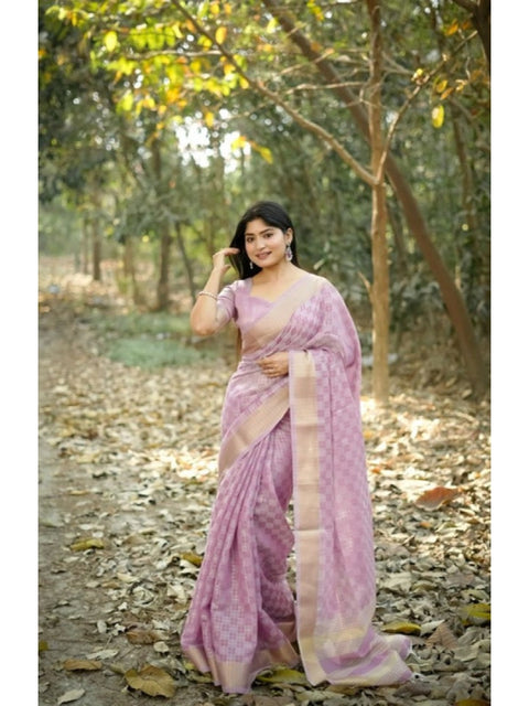 Generic Women's Silk_Blend Checked Saree With Unstitched Blouse 5.5Mtr (Lavender)