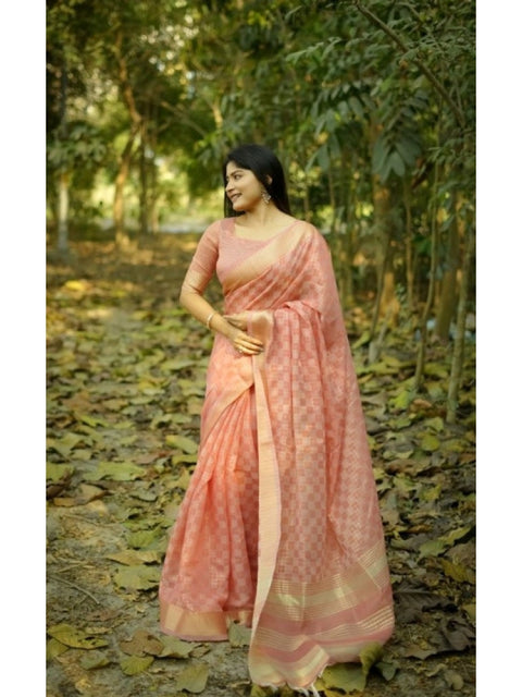 Generic Women's Silk_Blend Checked Saree With Unstitched Blouse 5.5Mtr (Peach)