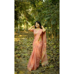 Women's Silk_Blend Checked Saree With Unstitched Blouse 5.5Mtr (Peach)