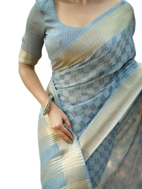 Generic Women's Silk_Blend Checked Saree With Unstitched Blouse 5.5Mtr (Sky_Blue)