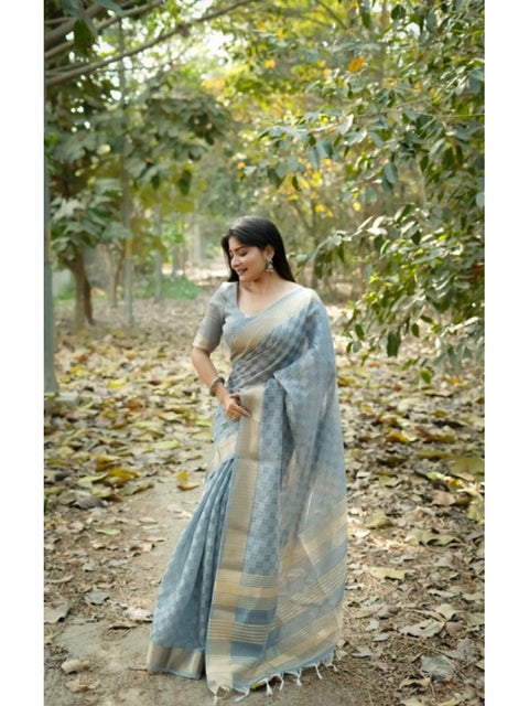 Generic Women's Silk_Blend Checked Saree With Unstitched Blouse 5.5Mtr (Sky_Blue)