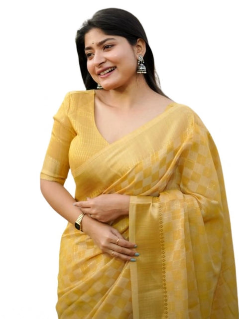 Generic Women's Silk_Blend Checked Saree With Unstitched Blouse 5.5Mtr (Yellow)