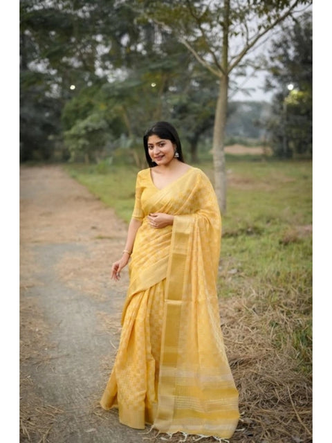 Generic Women's Silk_Blend Checked Saree With Unstitched Blouse 5.5Mtr (Yellow)