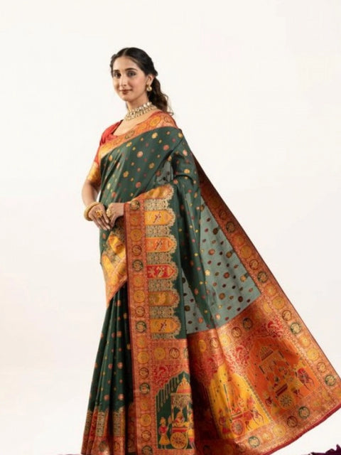 Women's Faux_Banarasi Woven Motifs Saree With Unstitched Blouse 5.5Mtr (Dark_Green)