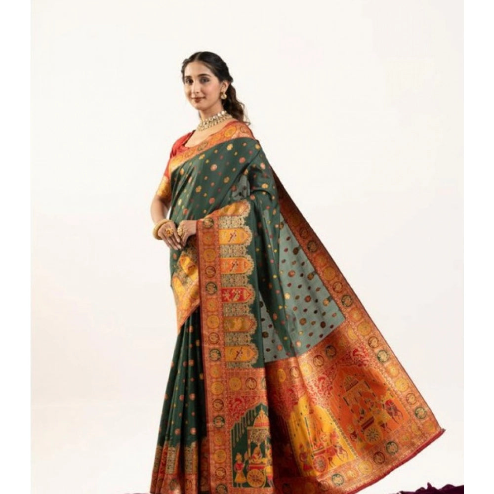 Women's Faux_Banarasi Woven Motifs Saree With Unstitched Blouse 5.5Mtr (Dark_Green)