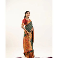 Women's Faux_Banarasi Woven Motifs Saree With Unstitched Blouse 5.5Mtr (Dark_Green)