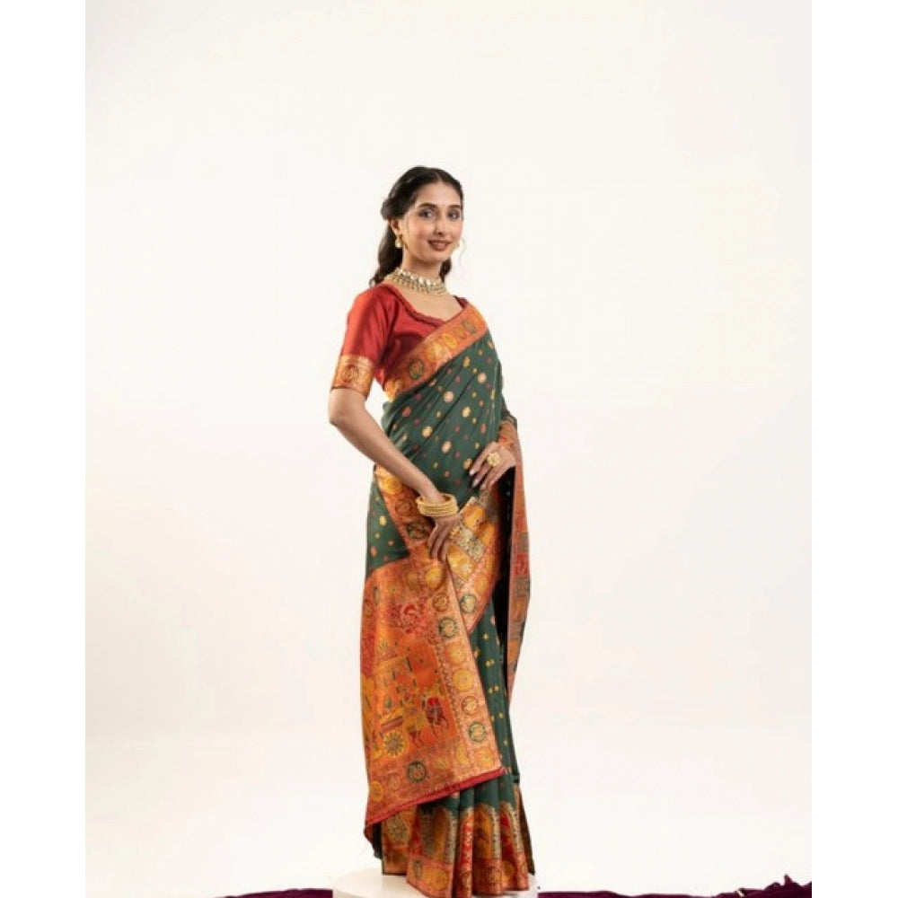 Women's Faux_Banarasi Woven Motifs Saree With Unstitched Blouse 5.5Mtr (Dark_Green)