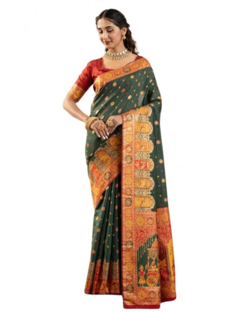 Women's Faux_Banarasi Woven Motifs Saree With Unstitched Blouse 5.5Mtr (Dark_Green)