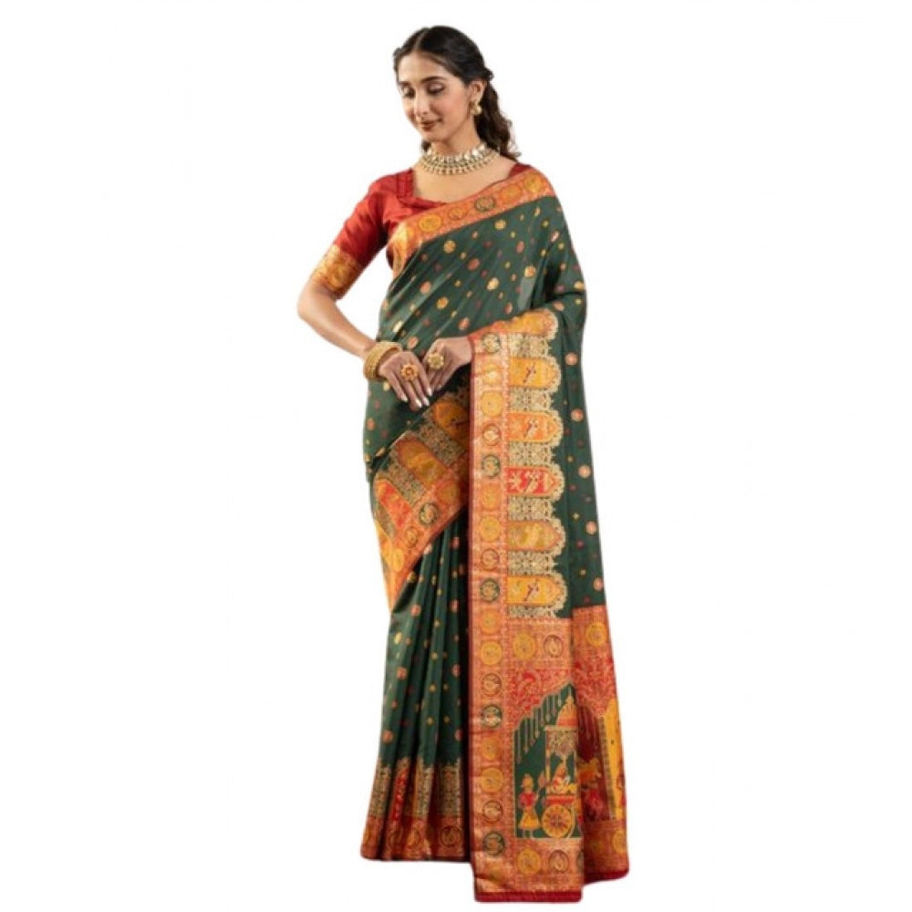 Women's Faux_Banarasi Woven Motifs Saree With Unstitched Blouse 5.5Mtr (Dark_Green)