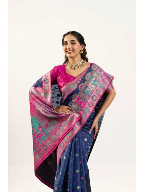 Women's Faux_Banarasi Woven Motifs Saree With Unstitched Blouse 5.5Mtr (Navy_Blue)