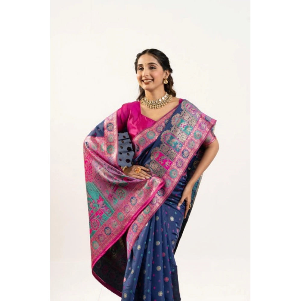 Women's Faux_Banarasi Woven Motifs Saree With Unstitched Blouse 5.5Mtr (Navy_Blue)