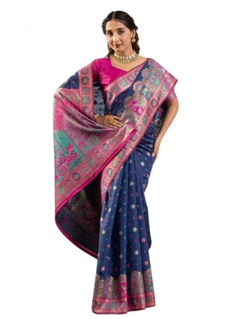 Women's Faux_Banarasi Woven Motifs Saree With Unstitched Blouse 5.5Mtr (Navy_Blue)