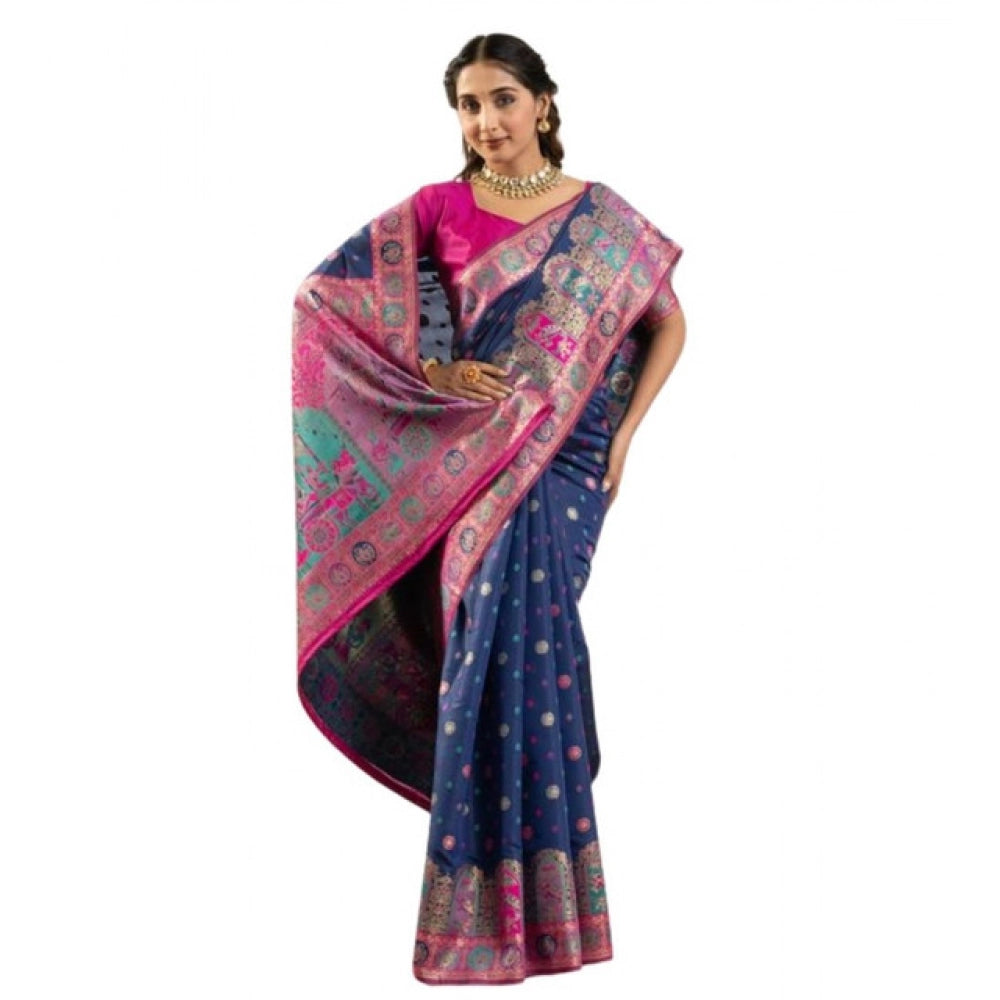 Women's Faux_Banarasi Woven Motifs Saree With Unstitched Blouse 5.5Mtr (Navy_Blue)