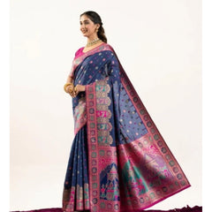 Women's Faux_Banarasi Woven Motifs Saree With Unstitched Blouse 5.5Mtr (Navy_Blue)