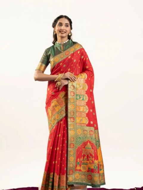 Generic Women's Faux_Banarasi Woven Motifs Saree With Unstitched Blouse 5.5Mtr (Orange)