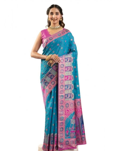 Generic Women's Faux_Banarasi Woven Motifs Saree With Unstitched Blouse 5.5Mtr (Teal)