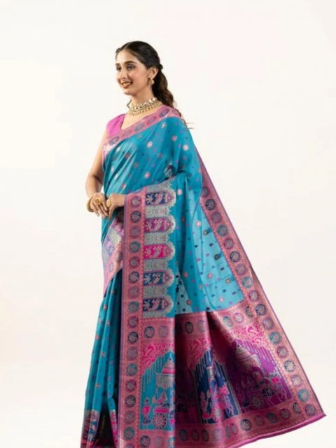 Generic Women's Faux_Banarasi Woven Motifs Saree With Unstitched Blouse 5.5Mtr (Teal)