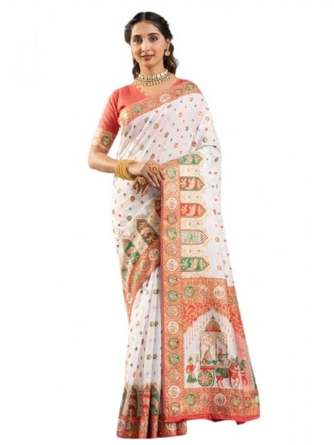 Generic Women's Faux_Banarasi Woven Motifs Saree With Unstitched Blouse 5.5Mtr (White)