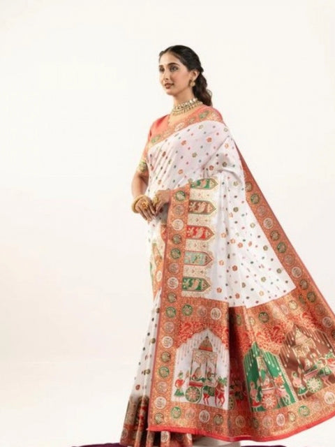 Generic Women's Faux_Banarasi Woven Motifs Saree With Unstitched Blouse 5.5Mtr (White)
