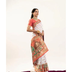 Generic Women's Faux_Banarasi Woven Motifs Saree With Unstitched Blouse 5.5Mtr (White)