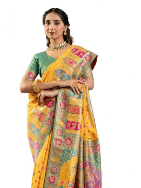 Generic Women's Faux_Banarasi Woven Motifs Saree With Unstitched Blouse 5.5Mtr (Yellow)