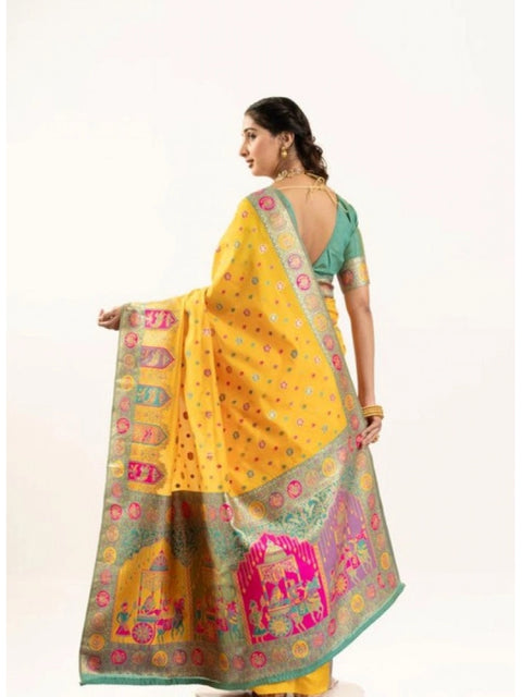 Generic Women's Faux_Banarasi Woven Motifs Saree With Unstitched Blouse 5.5Mtr (Yellow)