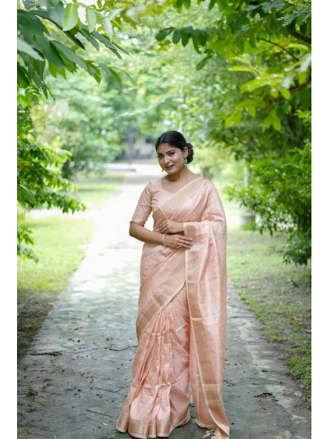Women's Faux_Banarasi Lining Pattern Saree With Unstitched Blouse 5.5Mtr (Peach)