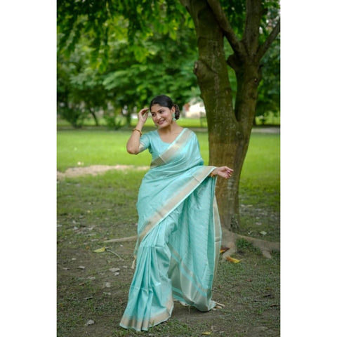Women's Faux_Banarasi Lining Pattern Saree With Unstitched Blouse 5.5Mtr (Light_Aqua_Blue)