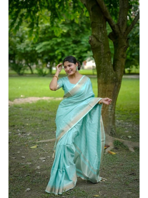Women's Faux_Banarasi Lining Pattern Saree With Unstitched Blouse 5.5Mtr (Light_Aqua_Blue)