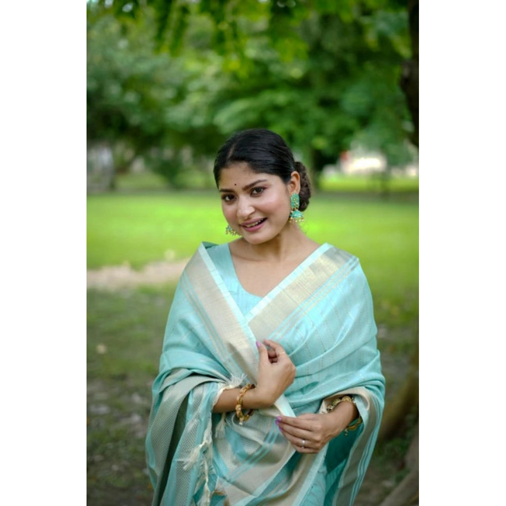 Women's Faux_Banarasi Lining Pattern Saree With Unstitched Blouse 5.5Mtr (Light_Aqua_Blue)