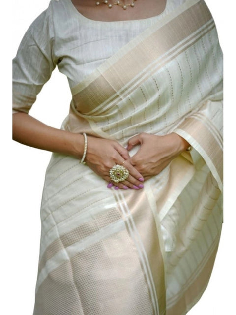 Generic Women's Faux_Banarasi Lining Pattern Saree With Unstitched Blouse 5.5Mtr (Off_White)