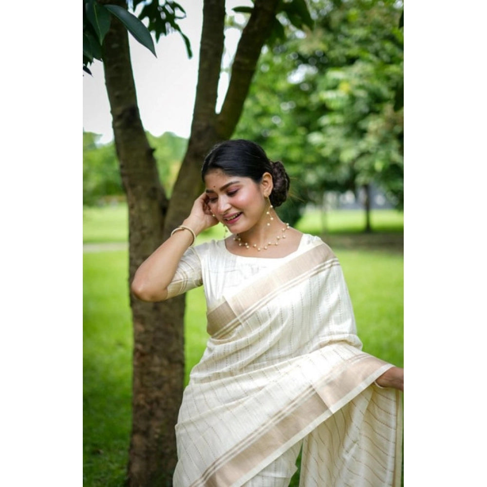 Women's Faux_Banarasi Lining Pattern Saree With Unstitched Blouse 5.5Mtr (Off_White)