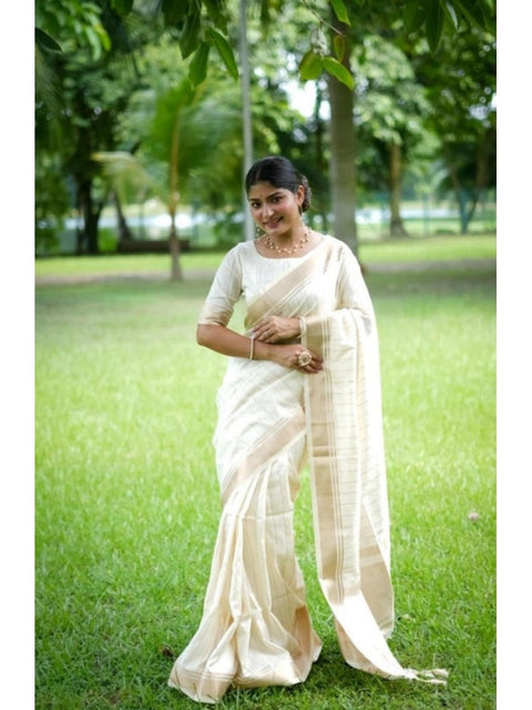 Women's Faux_Banarasi Lining Pattern Saree With Unstitched Blouse 5.5Mtr (Off_White)