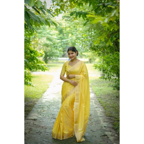 Women's Faux_Banarasi Lining Pattern Saree With Unstitched Blouse 5.5Mtr (Yellow)