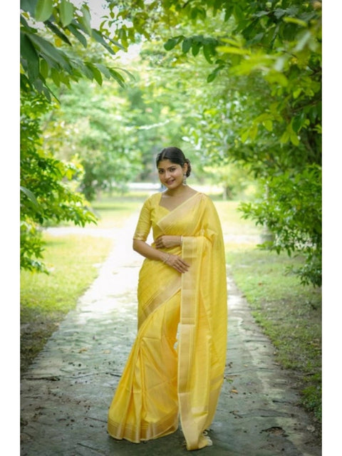 Women's Faux_Banarasi Lining Pattern Saree With Unstitched Blouse 5.5Mtr (Yellow)