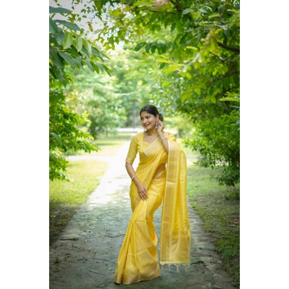 Women's Faux_Banarasi Lining Pattern Saree With Unstitched Blouse 5.5Mtr (Yellow)