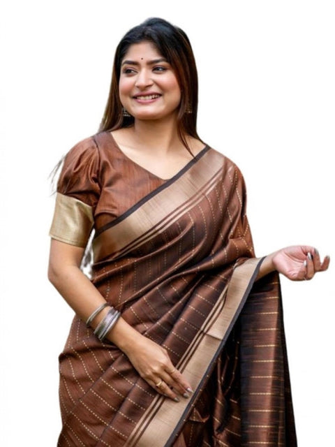 Generic Women's Faux_Banarasi Lining Pattern Saree With Unstitched Blouse 5.5Mtr (Light_Brown)