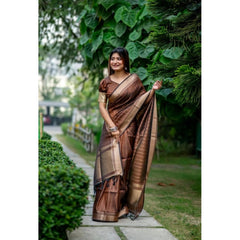 Women's Faux_Banarasi Lining Pattern Saree With Unstitched Blouse 5.5Mtr (Light_Brown)