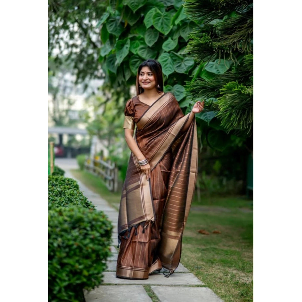Women's Faux_Banarasi Lining Pattern Saree With Unstitched Blouse 5.5Mtr (Light_Brown)