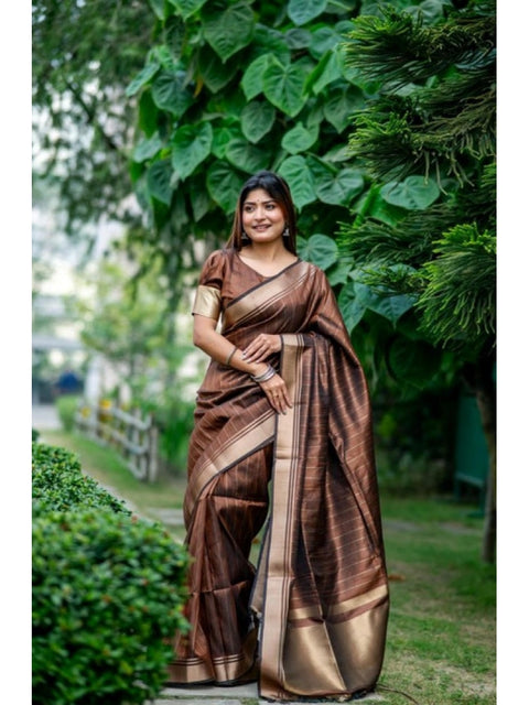 Women's Faux_Banarasi Lining Pattern Saree With Unstitched Blouse 5.5Mtr (Light_Brown)