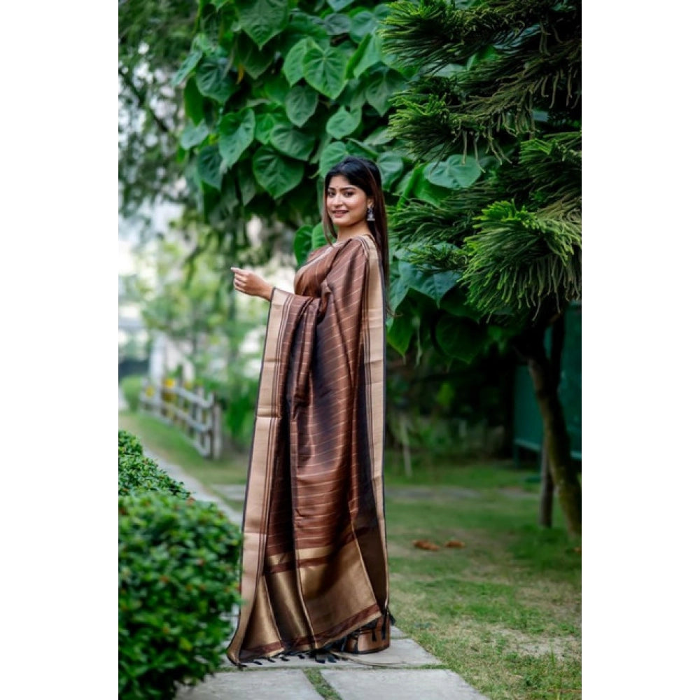 Women's Faux_Banarasi Lining Pattern Saree With Unstitched Blouse 5.5Mtr (Light_Brown)