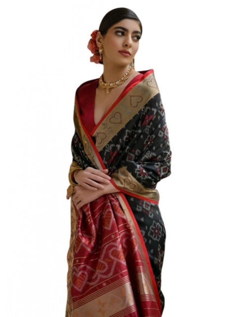 Generic Women's Silk_Blend Ethnic Ikat Pattern Saree With Unstitched Blouse 5.5Mtr (Black)