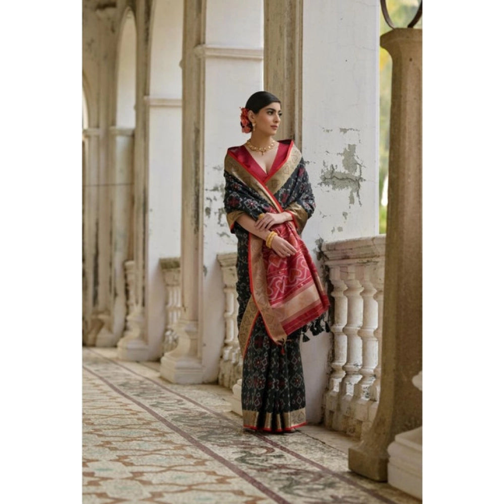 Women's Silk_Blend Ethnic Ikat Pattern Saree With Unstitched Blouse 5.5Mtr (Black)