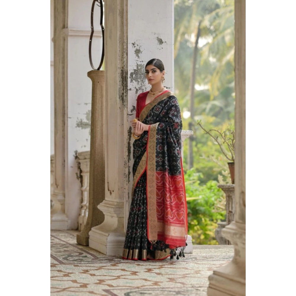 Women's Silk_Blend Ethnic Ikat Pattern Saree With Unstitched Blouse 5.5Mtr (Black)